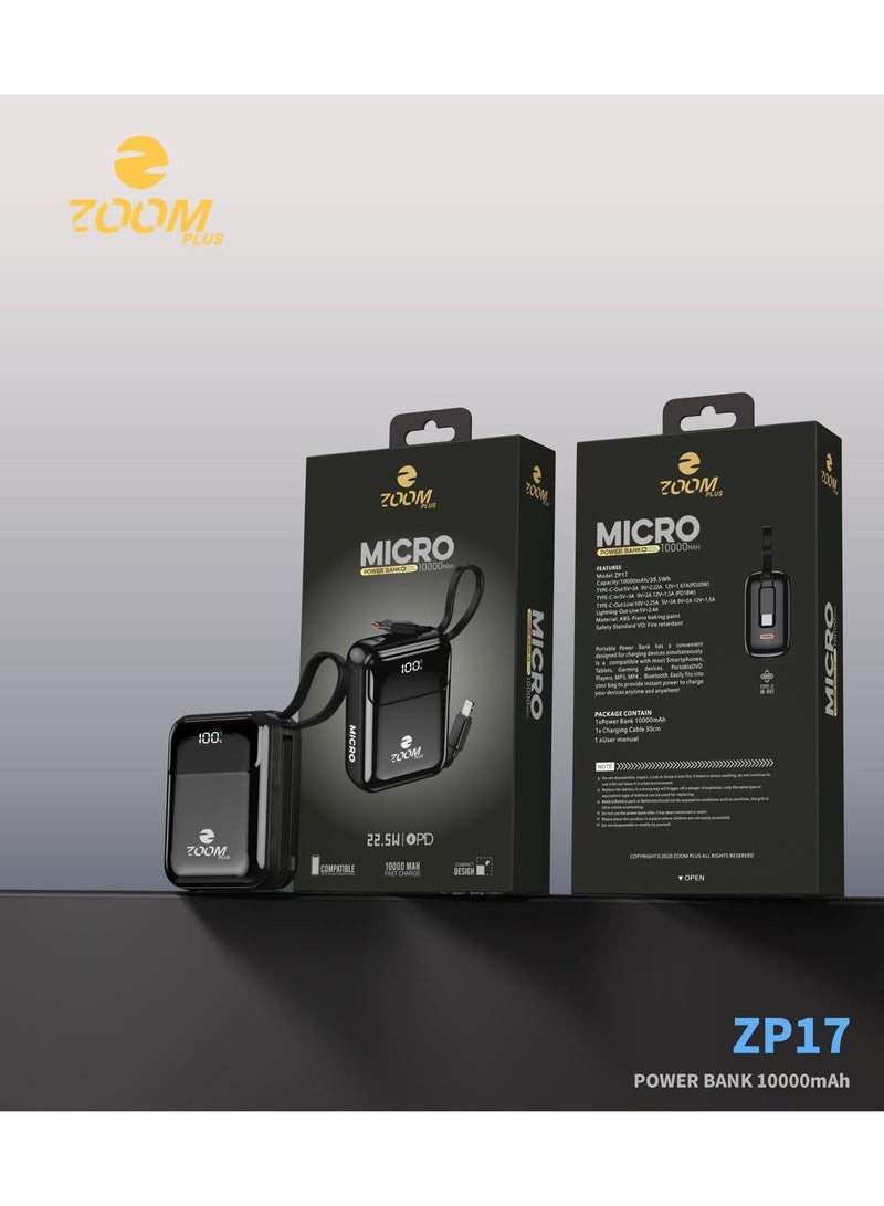 زوم بلس باور بنك زوم بلس MICRO ZP17 بسعة 10000 مللي أمبير | شحن سريع PD بقوة 22.5 واط | كابلات مدمجة مزدوجة | شاشة رقمية | تصميم صغير وخفيف - Image 4